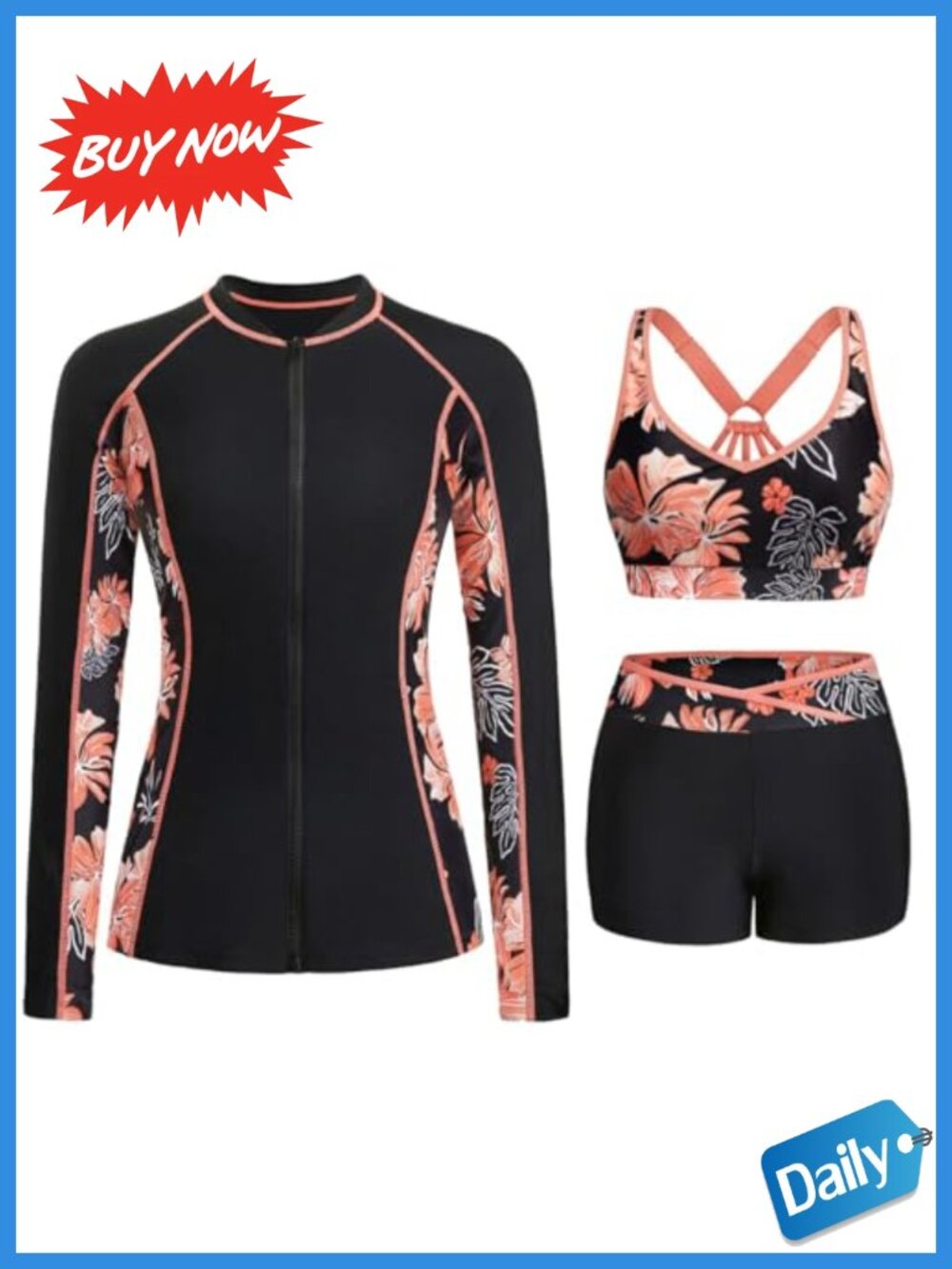 Women's Long Sleeve Rash Guard Swimsuit 3 Piece Set UPF 50+ Zip Swim Shirt